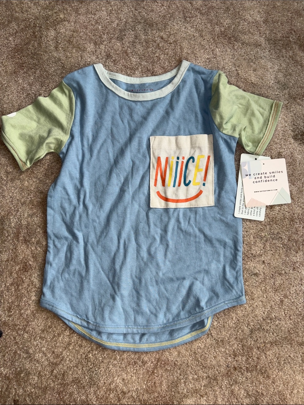 Dot Dot Smile Blue Tee with Green Sleeves and Colorful Pocket size 3/4